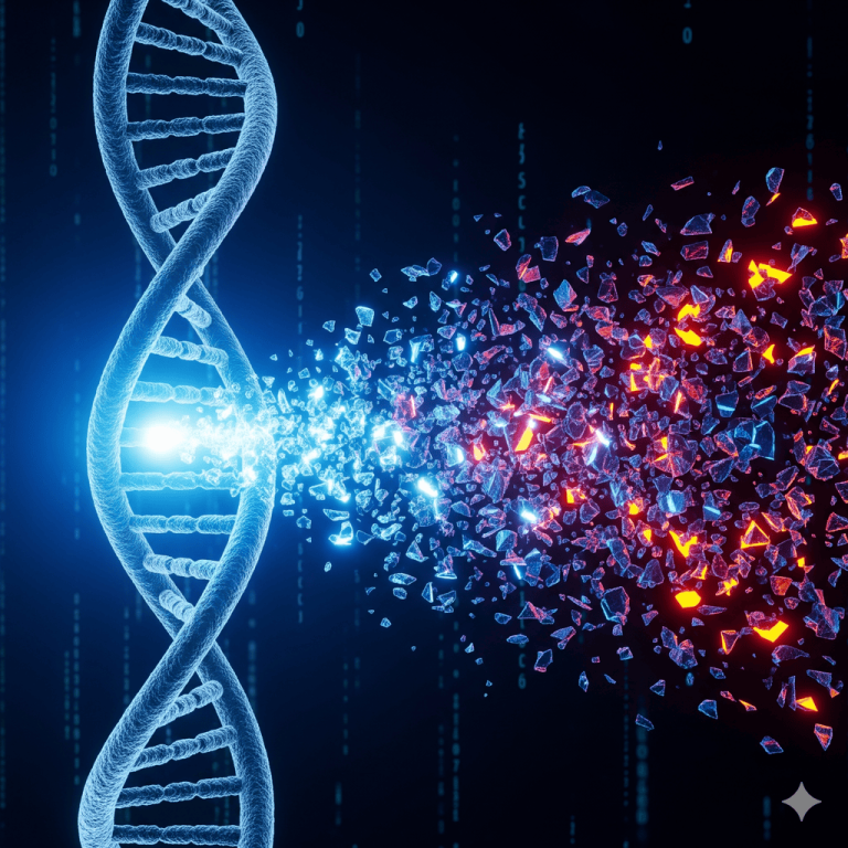 An abstract visualization of a stable DNA helix fragmenting into chaotic, glowing pieces, symbolizing the concept of genetic chaos, jumping genes (transposons), and their role in cellular aging and inflammaging.
