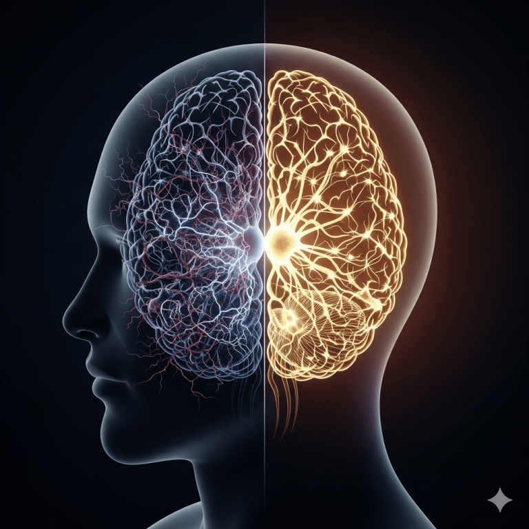 A symbolic image of a brain being rewired. One half depicts a chaotic, tangled neural network representing the 'monkey mind,' while the other half shows a calm, orderly, and glowing network, symbolizing a mind rewired for calm and longevity through meditation.