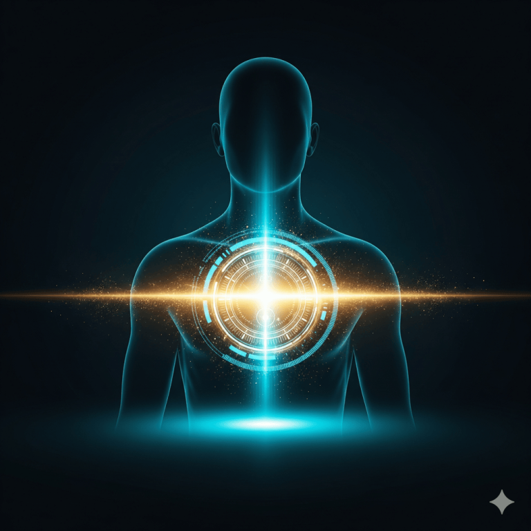 A symbolic image of a human silhouette with a glowing, futuristic clock interface on its chest, representing the concept of biological age. The figure radiates a healthy, vibrant aura, symbolizing unlocked human potential and longevity.