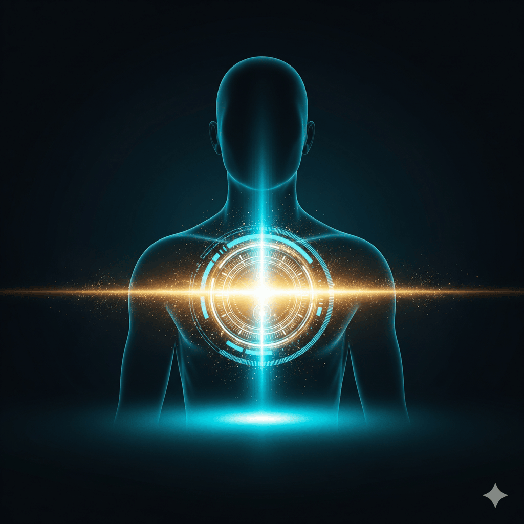A symbolic image of a human silhouette with a glowing, futuristic clock interface on its chest, representing the concept of biological age. The figure radiates a healthy, vibrant aura, symbolizing unlocked human potential and longevity.