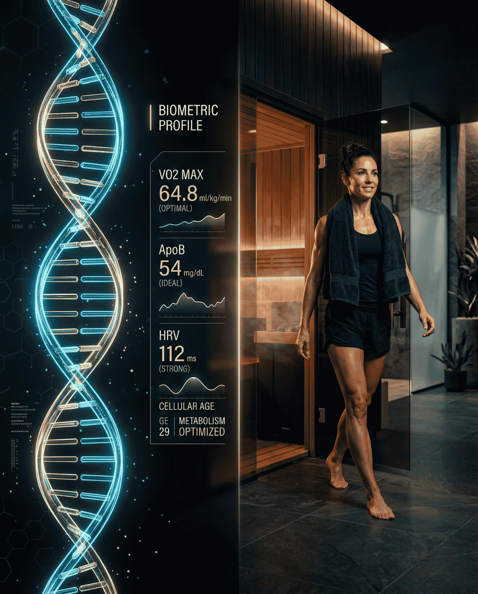 a glowing, futuristic DNA double helix and a sleek data HUD showing biometric stats like "VO2 Max", "ApoB", and "HRV" in elegant white and gold typography